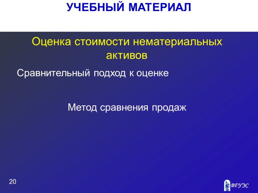 УЧЕБНЫЙ МАТЕРИАЛ 20 Оценка стоимости нематериальных активов Метод сравнения продаж Сравнительный подход к оценке